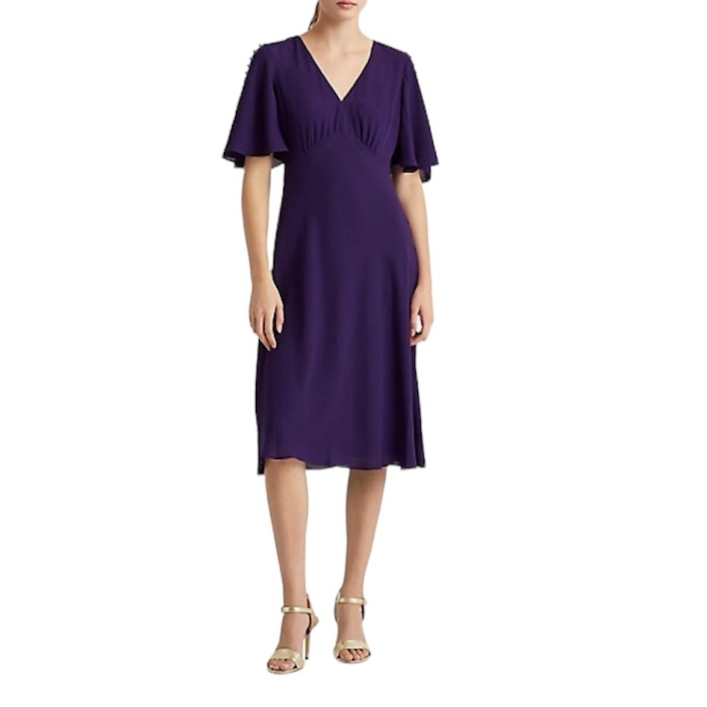 SOLD Ralph Lauren NWT Flutter-Sleeve V-Neck Empire-Waist Dress in Purple Size 6 - Picture 1 of 14